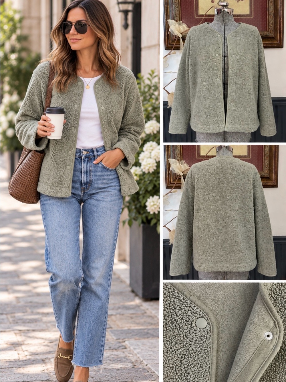 Joie Sage Green Teddy Sherpa Snap Front Collarless Jacket Sz S 💛🎀